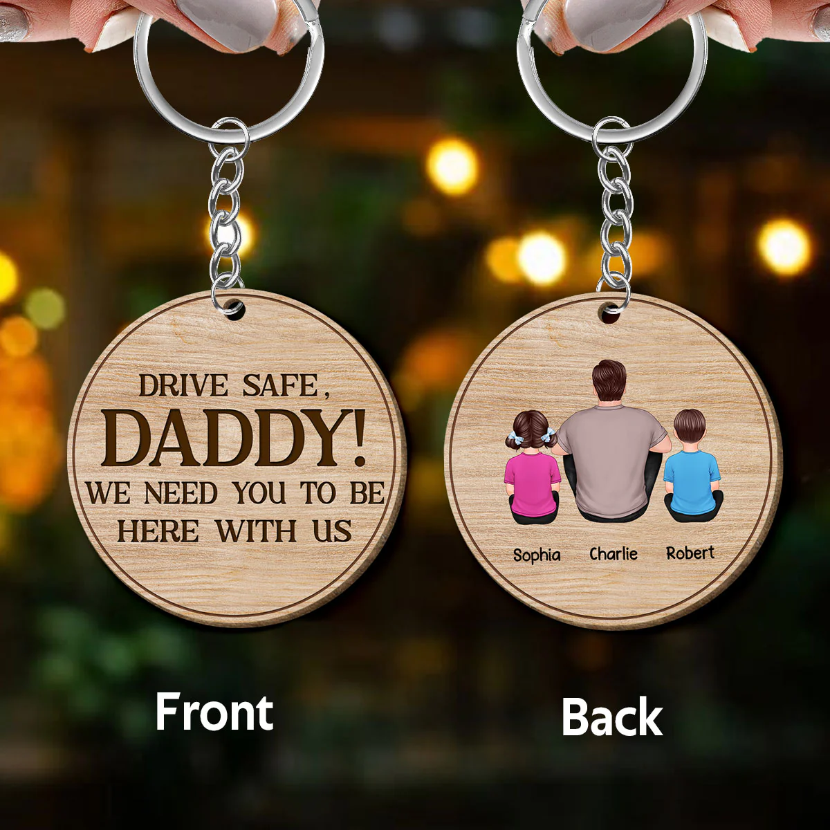 Dad We Love You Back View Sitting Man Kids Dog Cat Personalized Round Wooden Keychain - Image 3