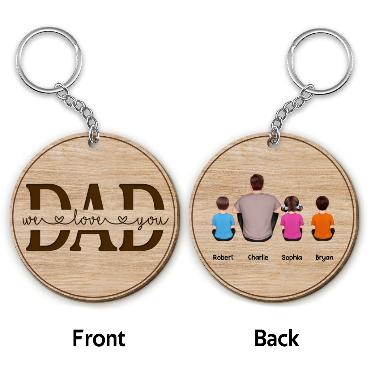 Dad We Love You Back View Sitting Man Kids Dog Cat Personalized Round Wooden Keychain - Image 4