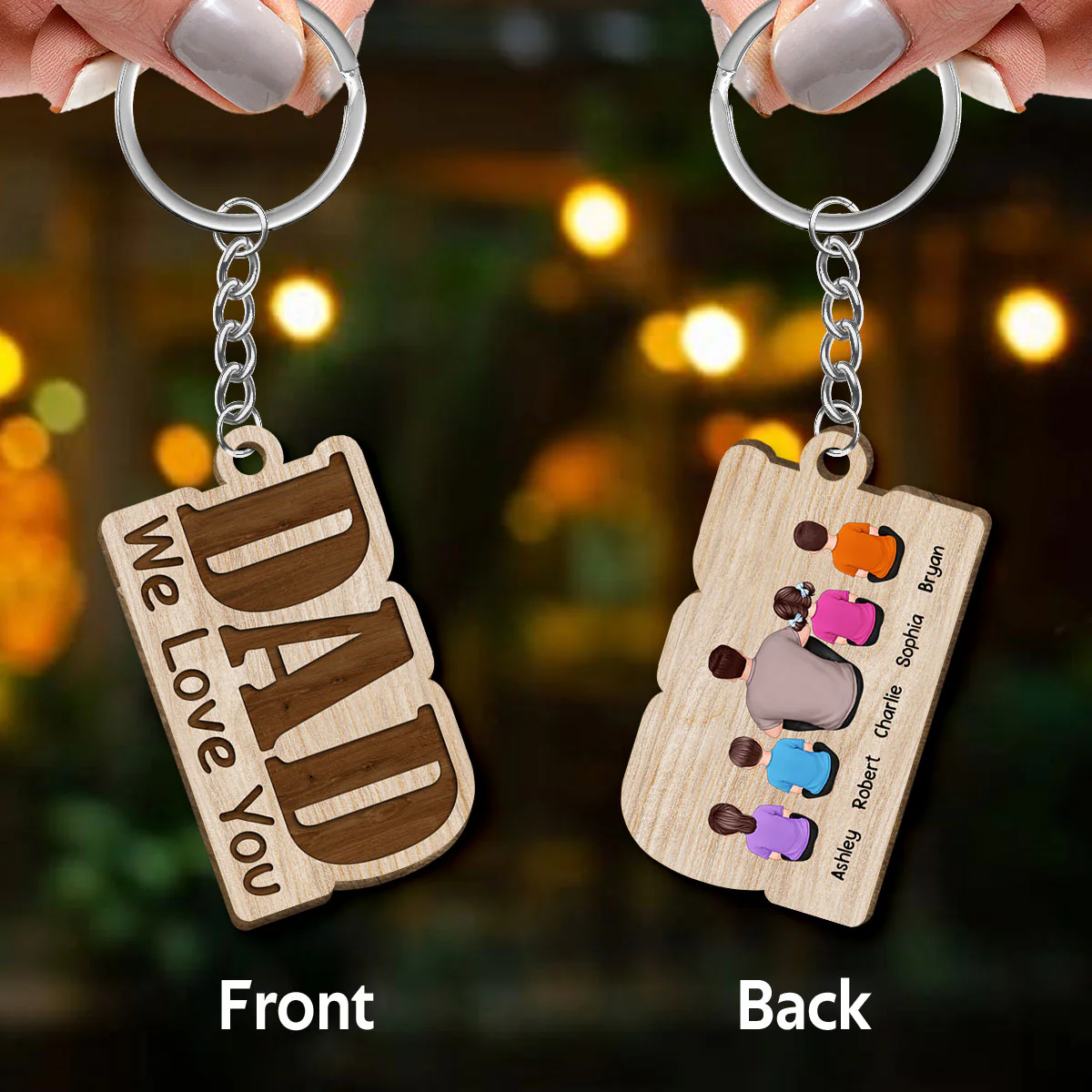 Dad We Love You Back View Sitting Man Kids Dog Cat Personalized Wooden Keychain - Image 3