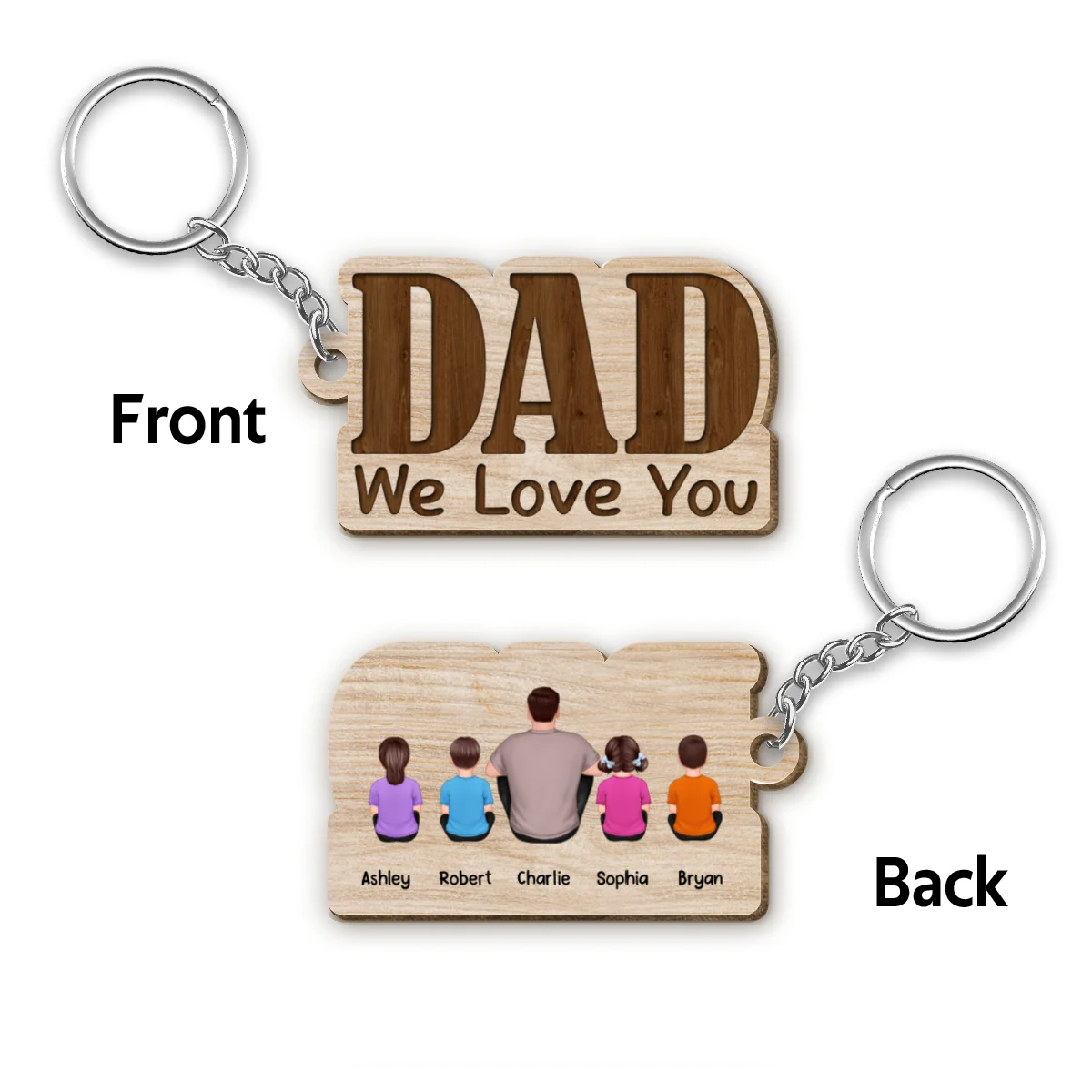 Dad We Love You Back View Sitting Man Kids Dog Cat Personalized Wooden Keychain - Image 4