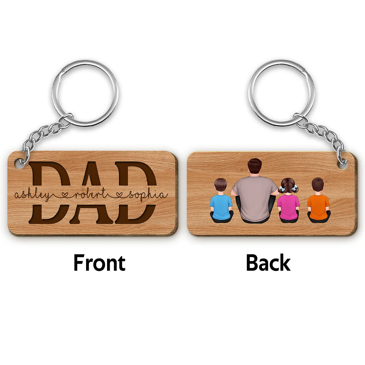 Dad We Love You Back View Sitting Man & Kids Personalized Wooden Keychain
