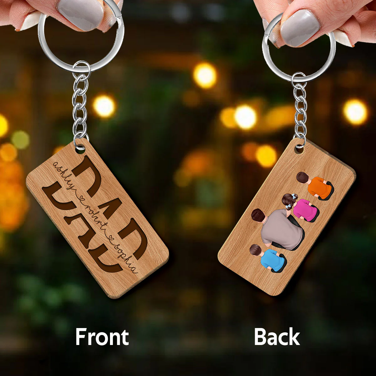 Dad We Love You Back View Sitting Man & Kids Personalized Wooden Keychain - Image 3