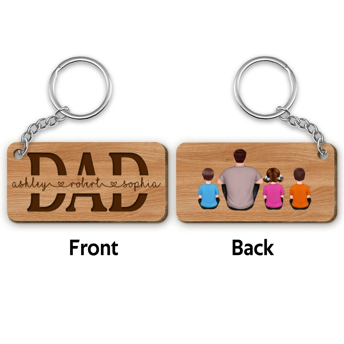 Dad We Love You Back View Sitting Man & Kids Personalized Wooden Keychain - Image 4
