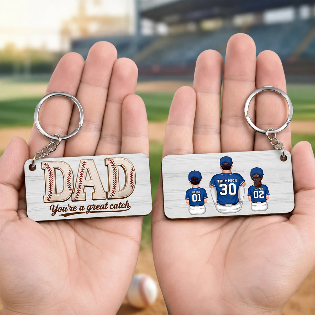 Dad We Love You Baseball Man & Kids Sitting - Personalized Wooden Keychain - Father's Day Gift For Basketball Dad - Image 4