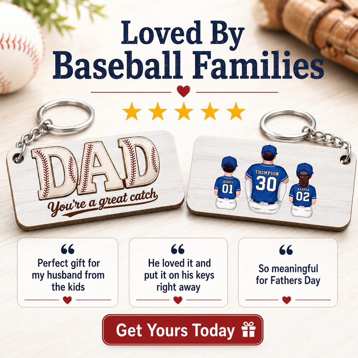 Dad We Love You Baseball Man & Kids Sitting - Personalized Wooden Keychain - Father's Day Gift For Basketball Dad - Image 8