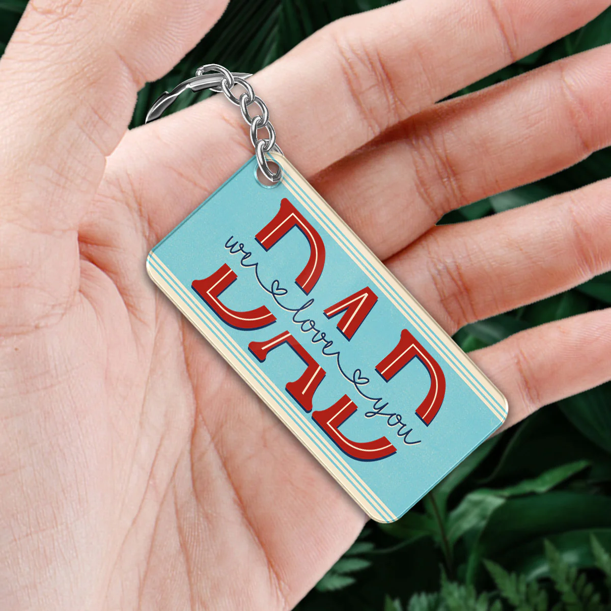 Dad We Love You Blue Stripe Retro Back View Man Sitting With Kids Dog Cat Personalized Acrylic Keychain - Image 3