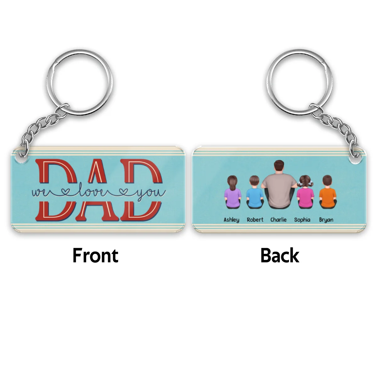 Dad We Love You Blue Stripe Retro Back View Man Sitting With Kids Dog Cat Personalized Acrylic Keychain - Image 4