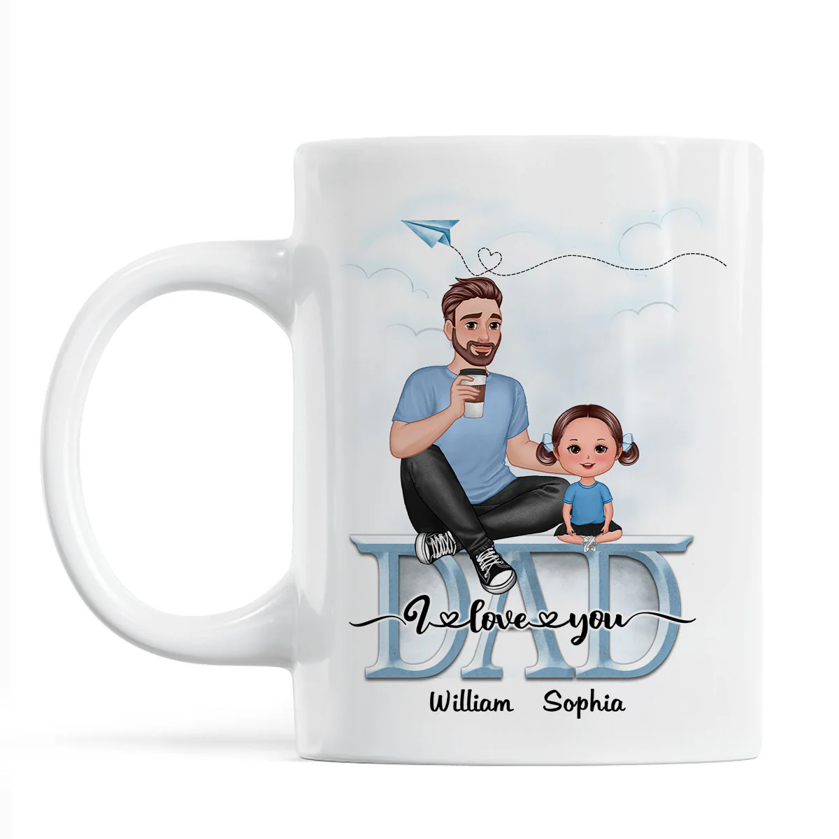 Dad We Love You Cartoon Dad & Doll Kids Sitting On Word Personalized Mug