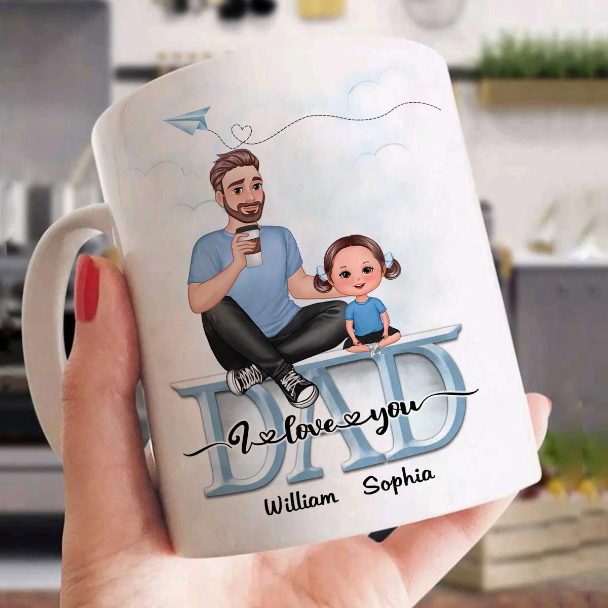 Dad We Love You Cartoon Dad & Doll Kids Sitting On Word Personalized Mug - Image 3