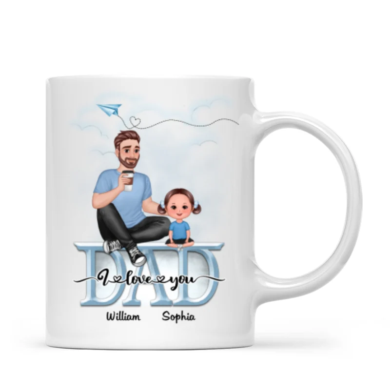 Dad We Love You Cartoon Dad & Doll Kids Sitting On Word Personalized Mug - Image 4