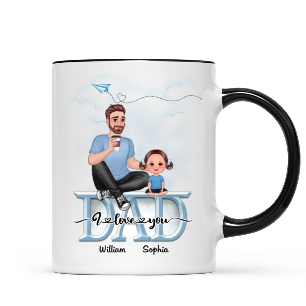 Dad We Love You Cartoon Dad & Doll Kids Sitting On Word Personalized Mug - Image 5