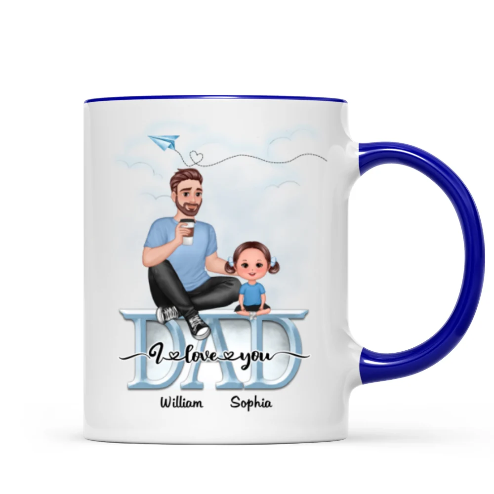 Dad We Love You Cartoon Dad & Doll Kids Sitting On Word Personalized Mug - Image 6