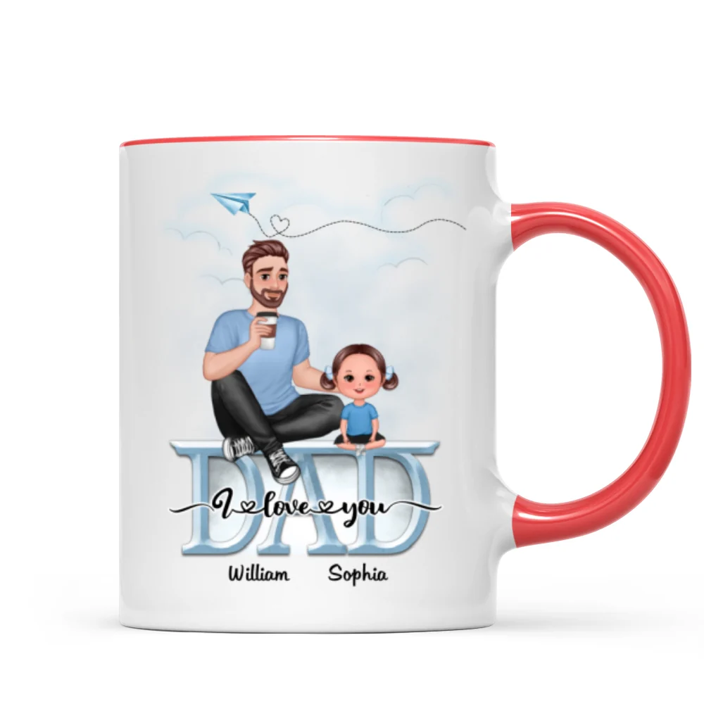 Dad We Love You Cartoon Dad & Doll Kids Sitting On Word Personalized Mug - Image 7