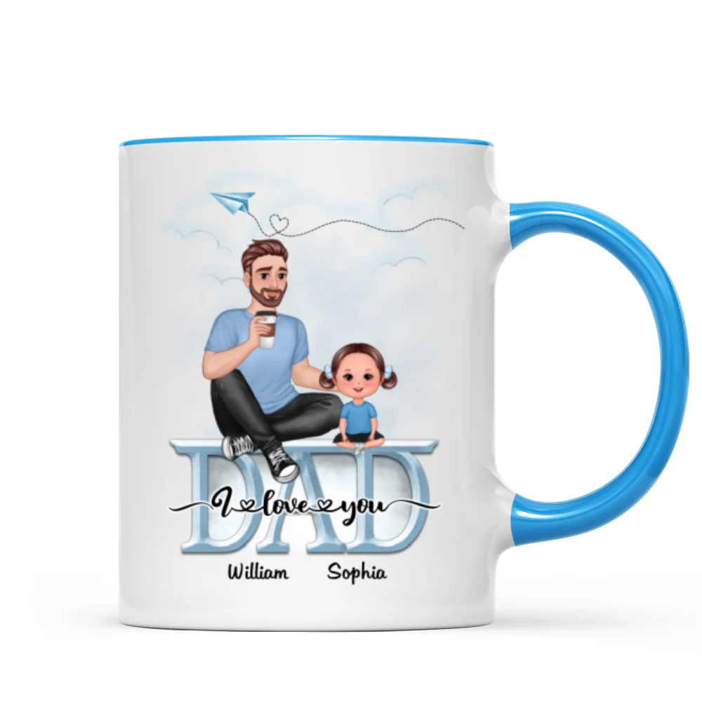 Dad We Love You Cartoon Dad & Doll Kids Sitting On Word Personalized Mug - Image 8