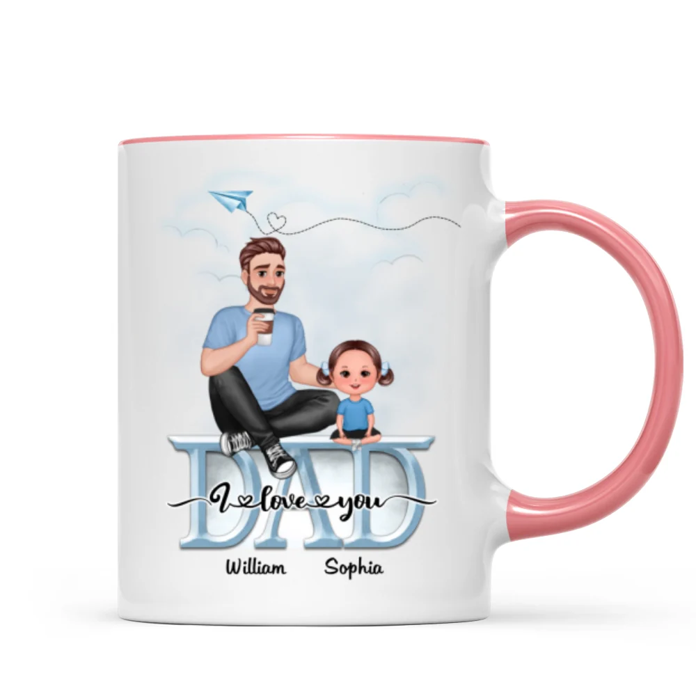 Dad We Love You Cartoon Dad & Doll Kids Sitting On Word Personalized Mug - Image 9