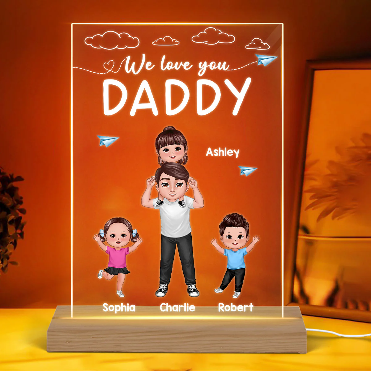 Dad We Love You Doll Dad Piggyback With Happy Kids Personalized Rectangle Acrylic Plaque LED Night Light - Image 3