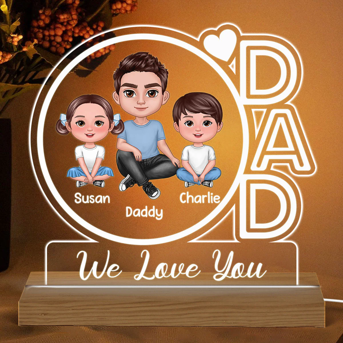 Dad We Love You Doll Man & Kids Personalized Custom Shape Acrylic Plaque With Warm LED Night Light - Image 2
