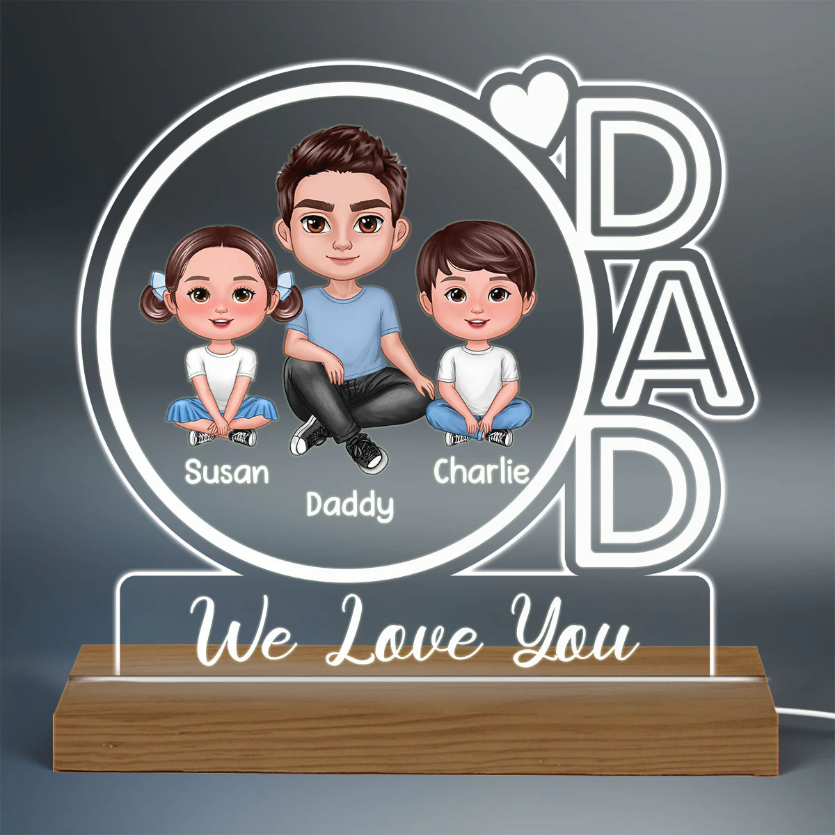 Dad We Love You Doll Man & Kids Personalized Custom Shape Acrylic Plaque With Warm LED Night Light - Image 3