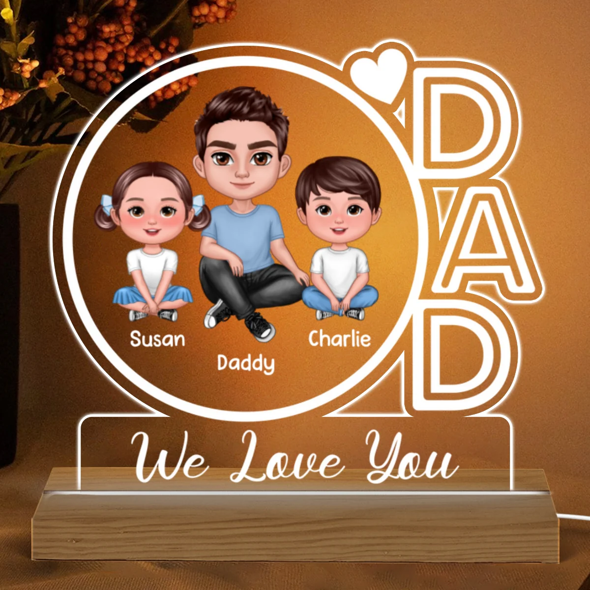 Dad We Love You Doll Man & Kids Personalized Custom Shape Acrylic Plaque With Warm LED Night Light - Image 4