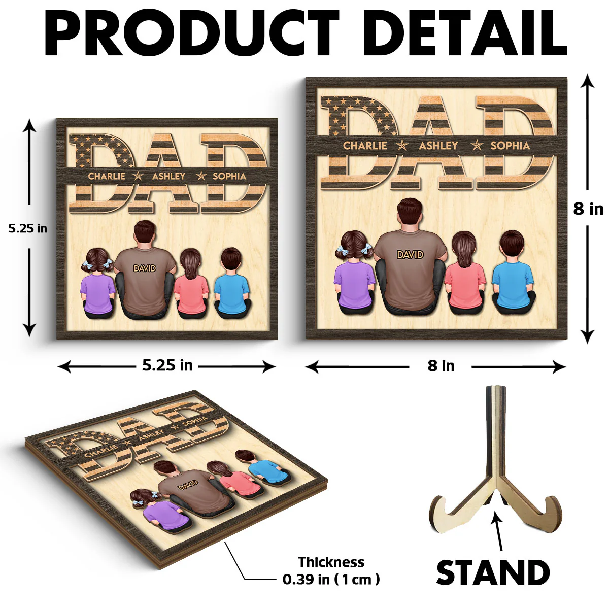 Dad We Love You Flag Man & Kids Sitting Back View Personalized 2-Layer Wooden Plaque - Image 6