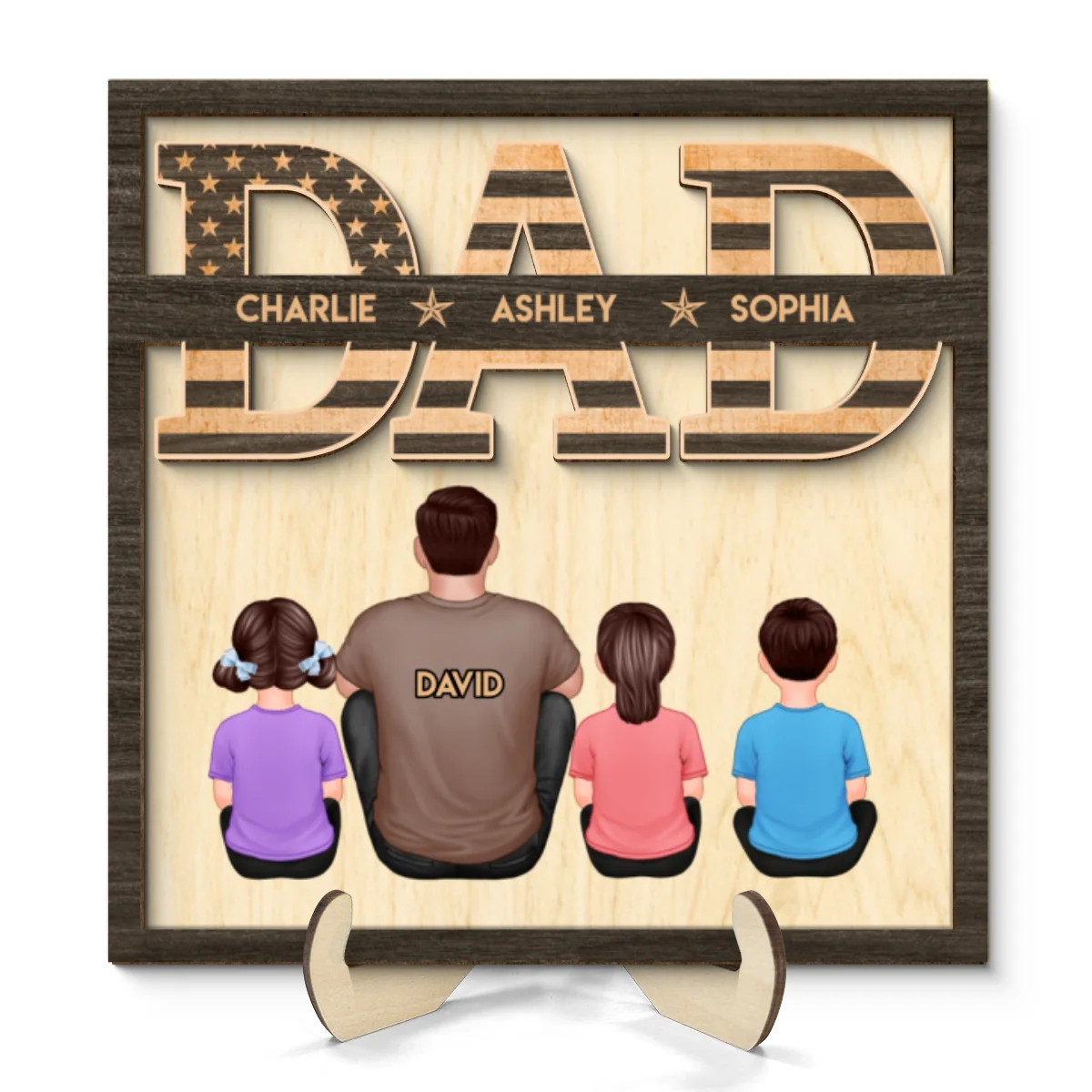 Dad We Love You Flag Man & Kids Sitting Back View Personalized 2-Layer Wooden Plaque - Image 8