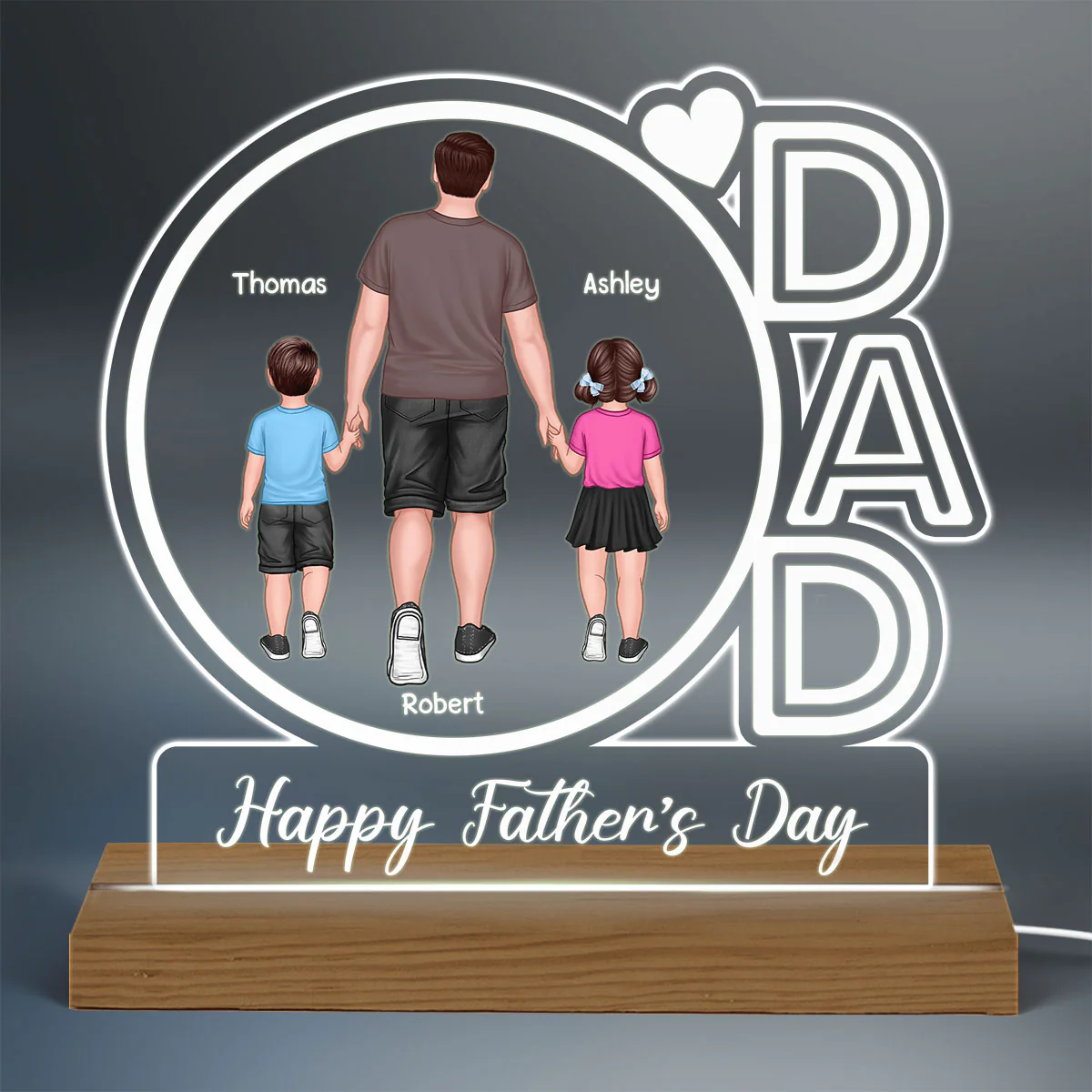Dad We Love You Happy Father‘s Day Back View Walking Dad & Kids - Personalized Acrylic LED Night Light - Image 3