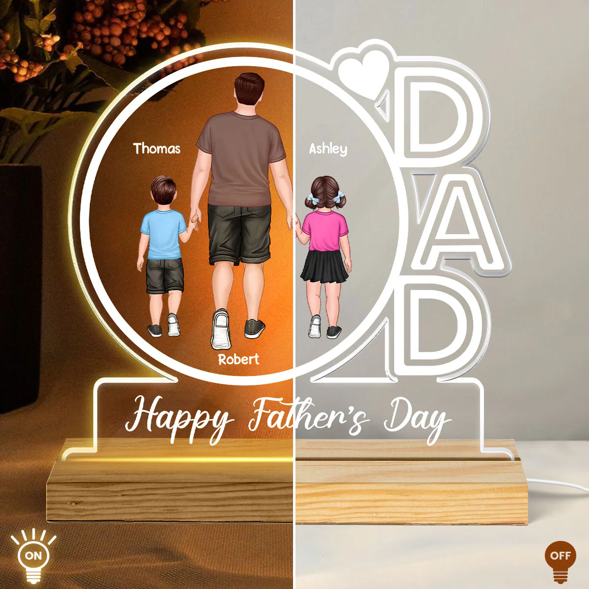 Dad We Love You Happy Father‘s Day Back View Walking Dad & Kids - Personalized Acrylic LED Night Light - Image 4
