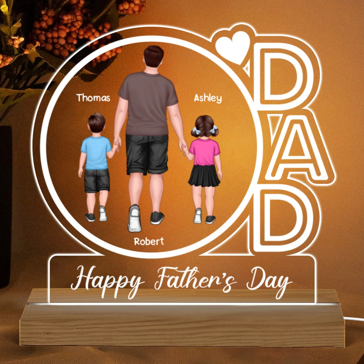 Dad We Love You Happy Father‘s Day Back View Walking Dad & Kids - Personalized Acrylic LED Night Light - Image 5