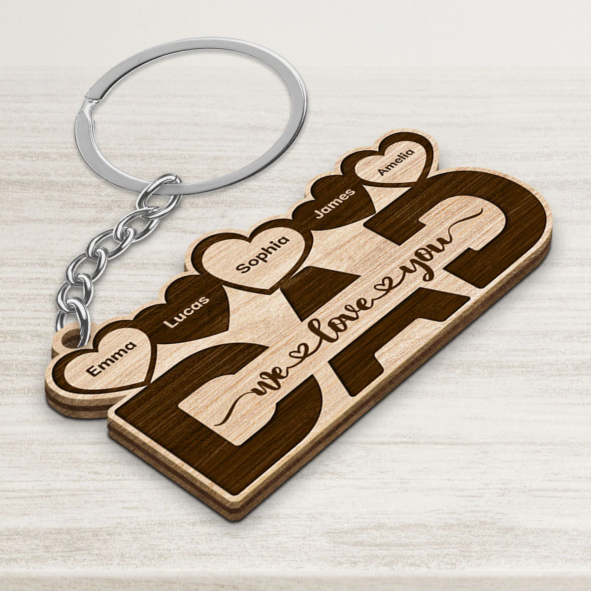 Dad We Love You Hearts Personalized Wooden Keychain - Image 3