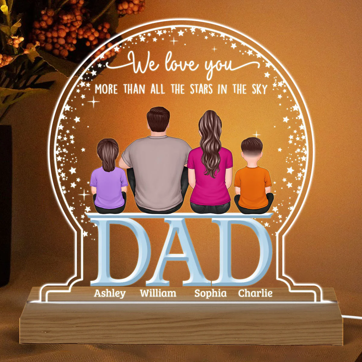 Dad We Love You More Than Stars In Sky Back View Sitting Man & Kids Personalized Custom Shaped Acrylic Plaque With Warm LED Night Light - Image 2