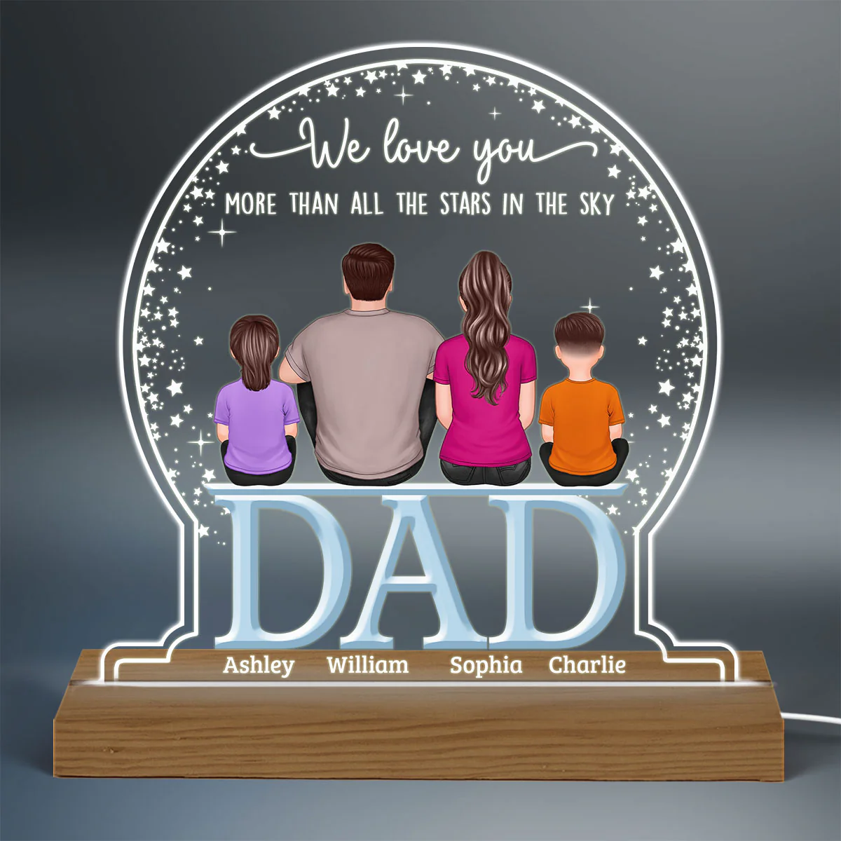 Dad We Love You More Than Stars In Sky Back View Sitting Man & Kids Personalized Custom Shaped Acrylic Plaque With Warm LED Night Light - Image 3