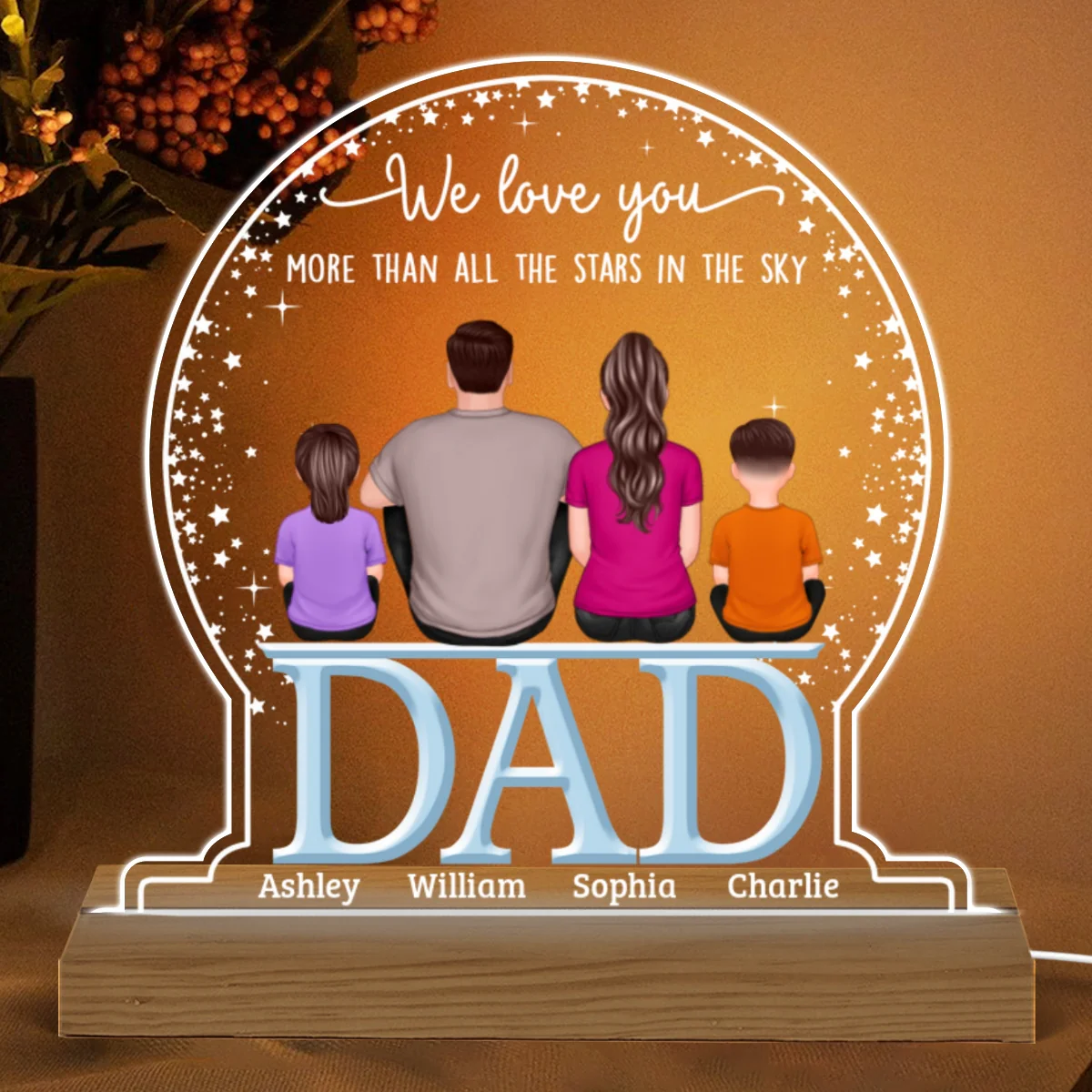 Dad We Love You More Than Stars In Sky Back View Sitting Man & Kids Personalized Custom Shaped Acrylic Plaque With Warm LED Night Light - Image 4