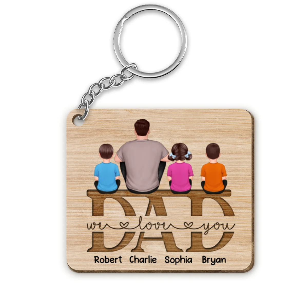 Dad We Love You Sitting Back View Man Kids Dog Cat Sitting On Word Personalized Wooden Keychain - Image 4