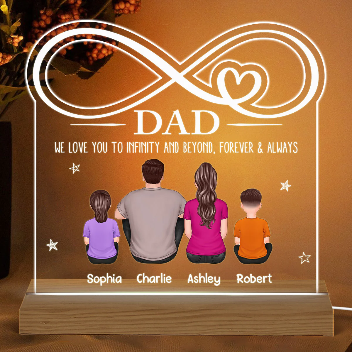 Dad We Love You To Infinity Back View Man & Kids Dog Cat Personalized Custom Shape Acrylic Plaque With Warm LED Night Light - Image 2