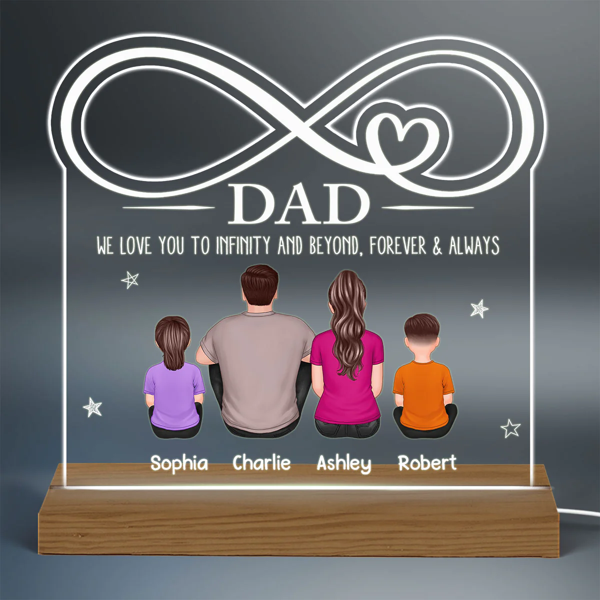 Dad We Love You To Infinity Back View Man & Kids Dog Cat Personalized Custom Shape Acrylic Plaque With Warm LED Night Light - Image 3