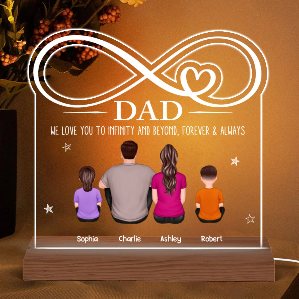 Dad We Love You To Infinity Back View Man & Kids Dog Cat Personalized Custom Shape Acrylic Plaque With Warm LED Night Light - Image 4