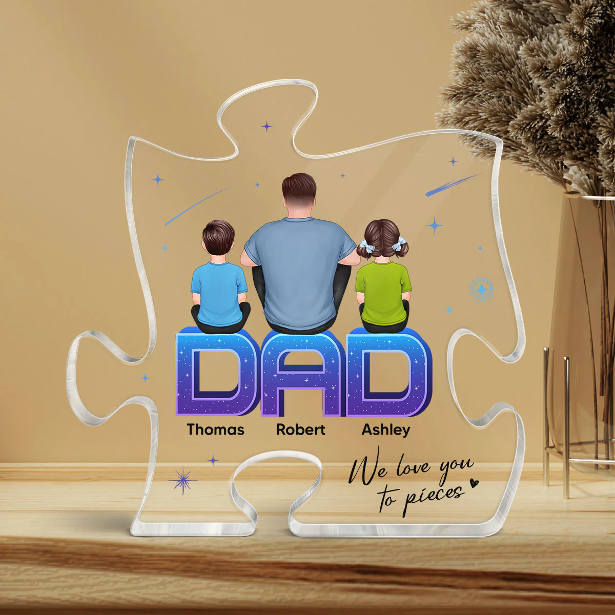 Dad We Love You To Pieces Back View Man Kids Dog Cat Personalized Acrylic Puzzle Plaque - Image 3