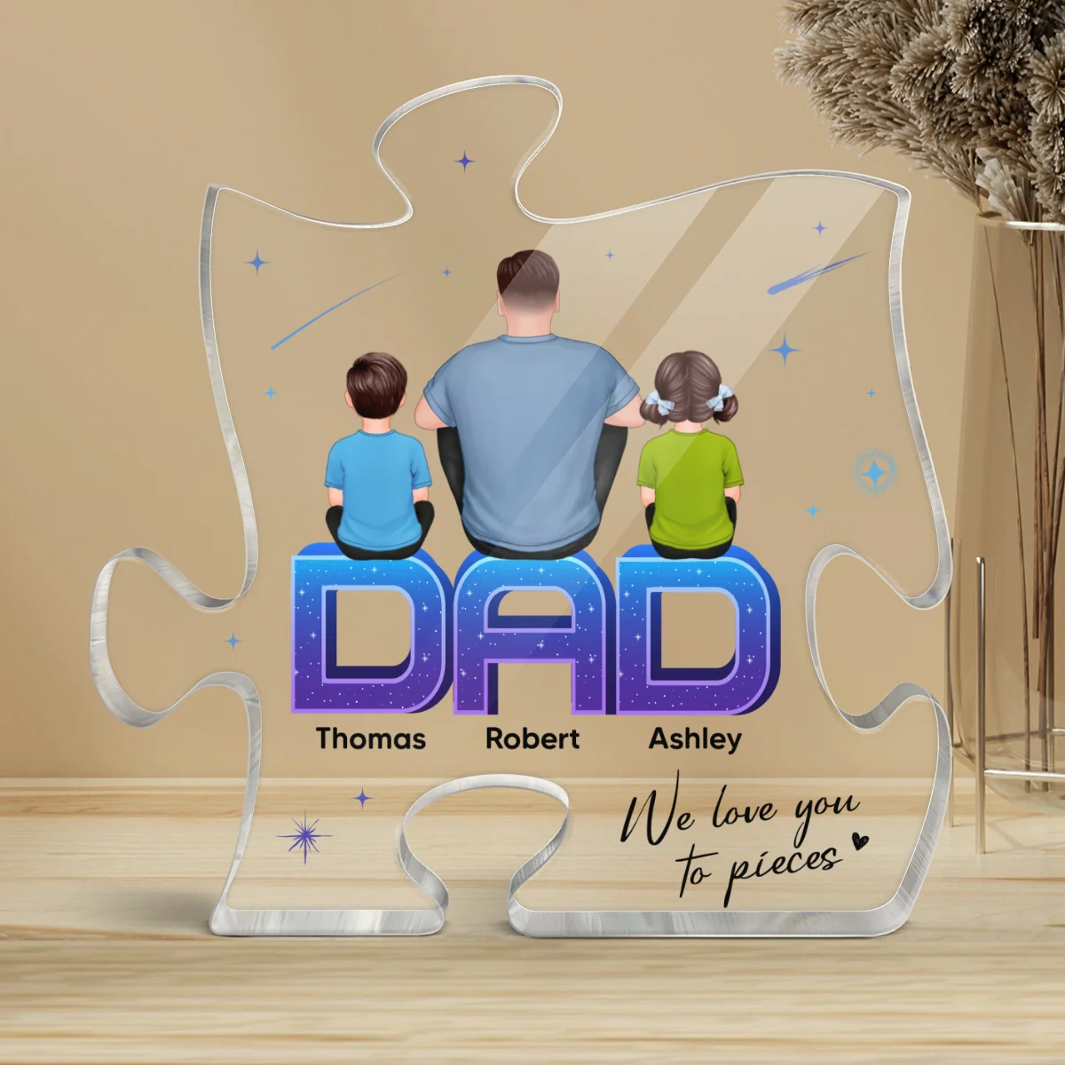 Dad We Love You To Pieces Back View Man Kids Dog Cat Personalized Acrylic Puzzle Plaque - Image 4