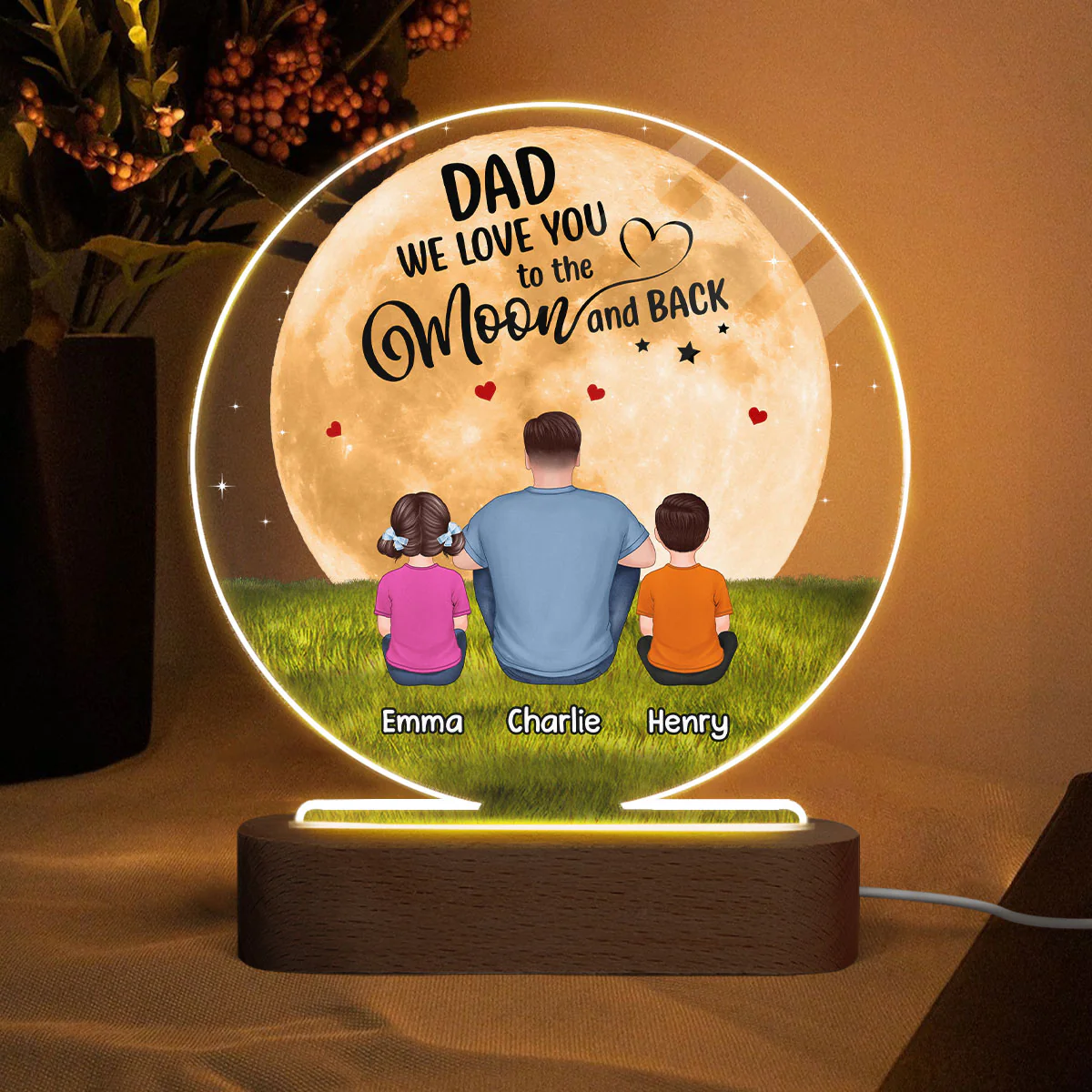 Dad We Love You To The Moon And Back Back View Man Sitting With Kids Dogs Cats Personalized Circle Acrylic Plaque LED Night Light
