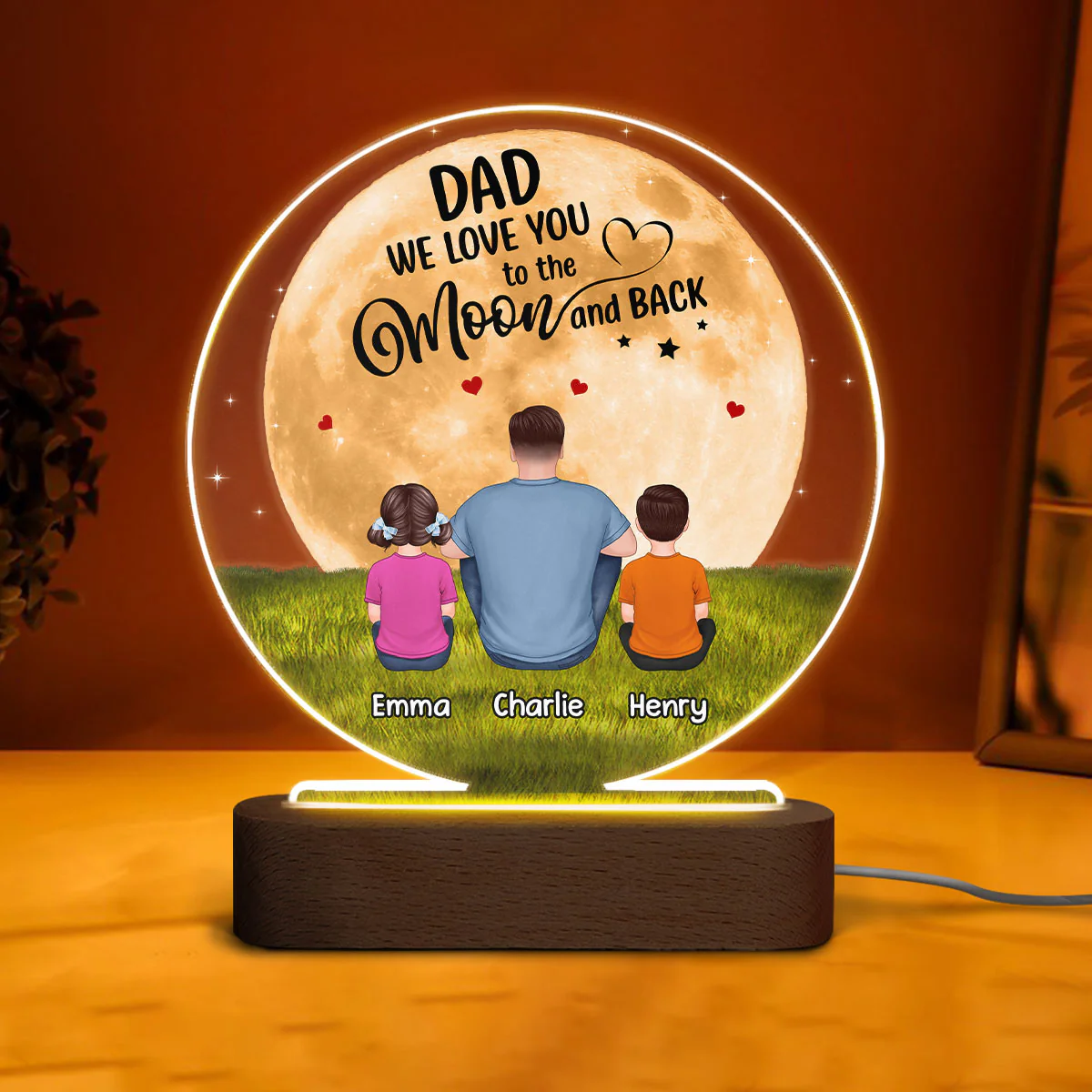 Dad We Love You To The Moon And Back Back View Man Sitting With Kids Dogs Cats Personalized Circle Acrylic Plaque LED Night Light - Image 3