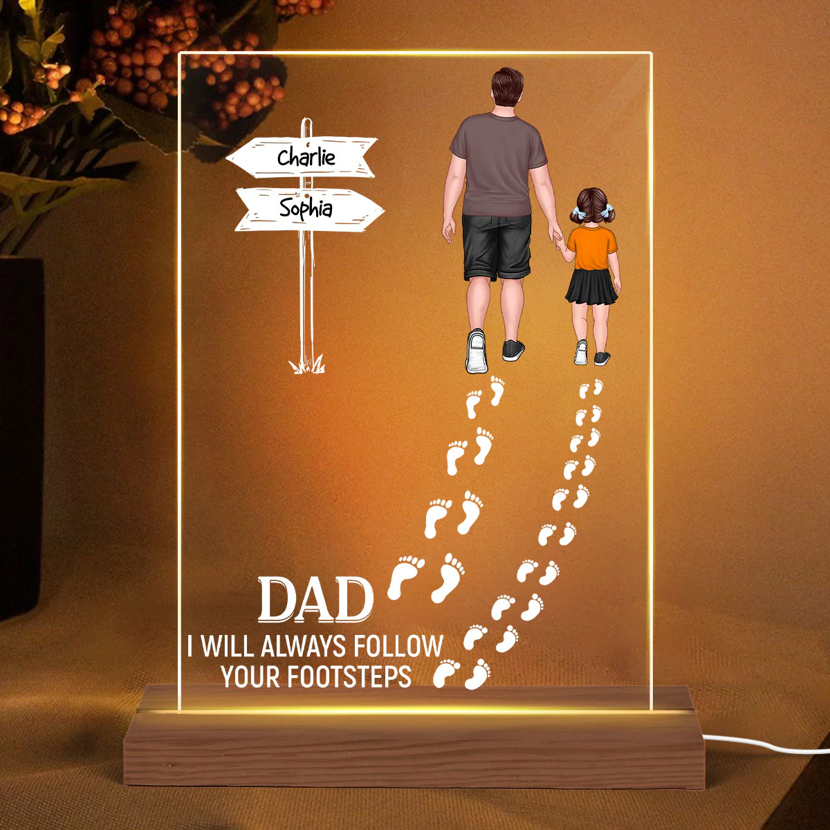 Dad We Will Always Follow Your Footsteps Personalized Rectangle Acrylic LED Night Light