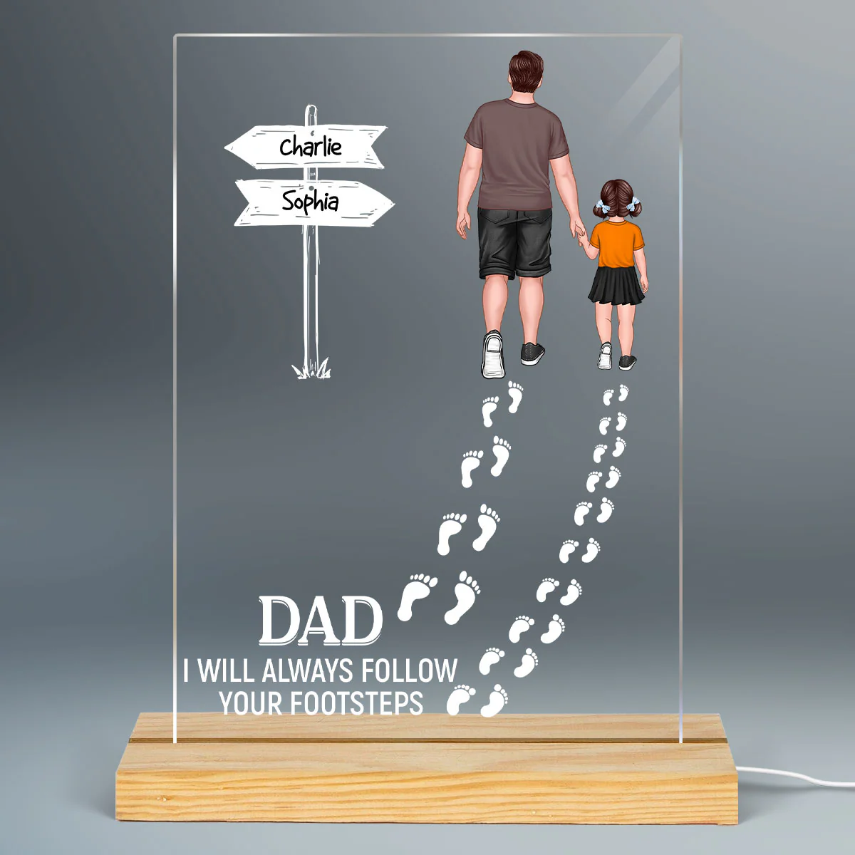 Dad We Will Always Follow Your Footsteps Personalized Rectangle Acrylic LED Night Light - Image 2