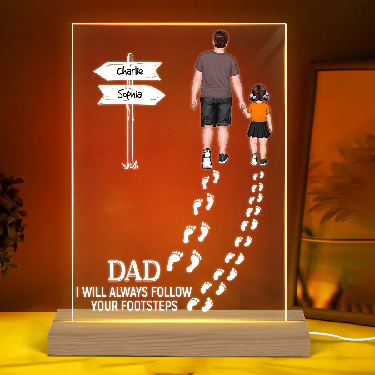 Dad We Will Always Follow Your Footsteps Personalized Rectangle Acrylic LED Night Light - Image 3