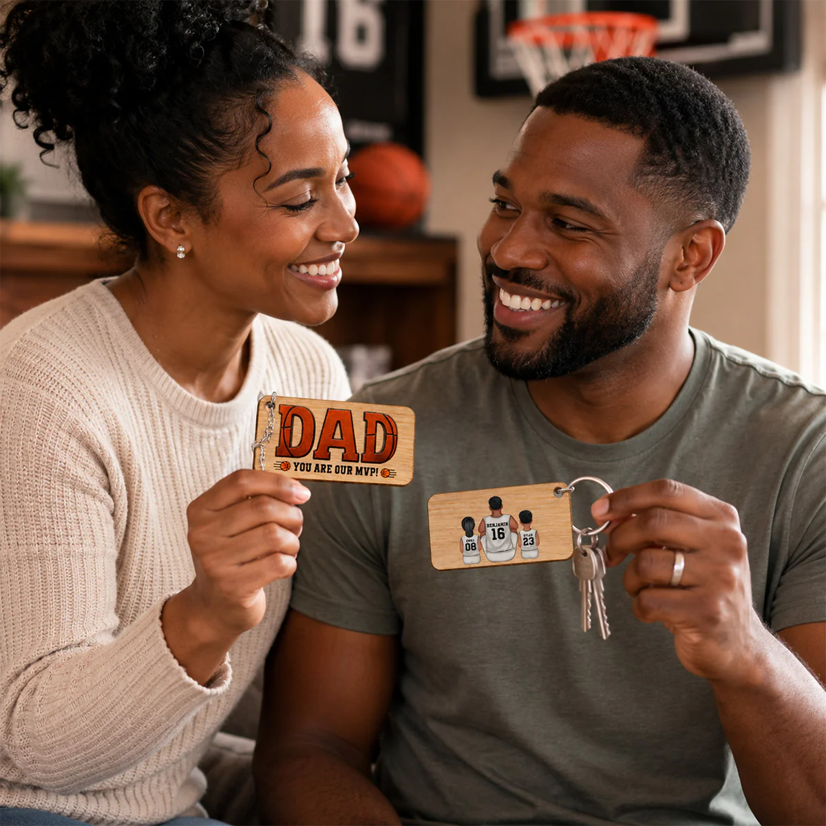 Dad You Are Our MVP Sitting Basketball Man & Kids - Personalized Wooden Keychain - Father's Day Gift For Basketball Dad - Image 5