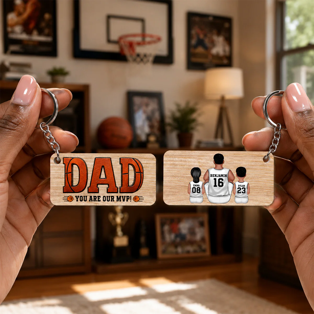 Dad You Are Our MVP Sitting Basketball Man & Kids - Personalized Wooden Keychain - Father's Day Gift For Basketball Dad - Image 6