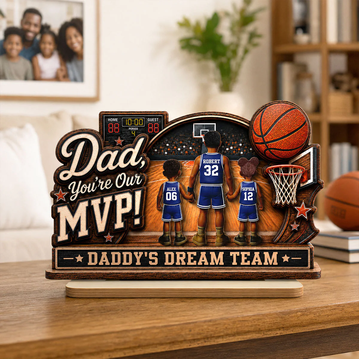 Dad You Are Our MVP Standing Basketball Man & Kids 2D Flat - Personalized 2-Layered Wooden Plaque -  Gift For Basketball Dad