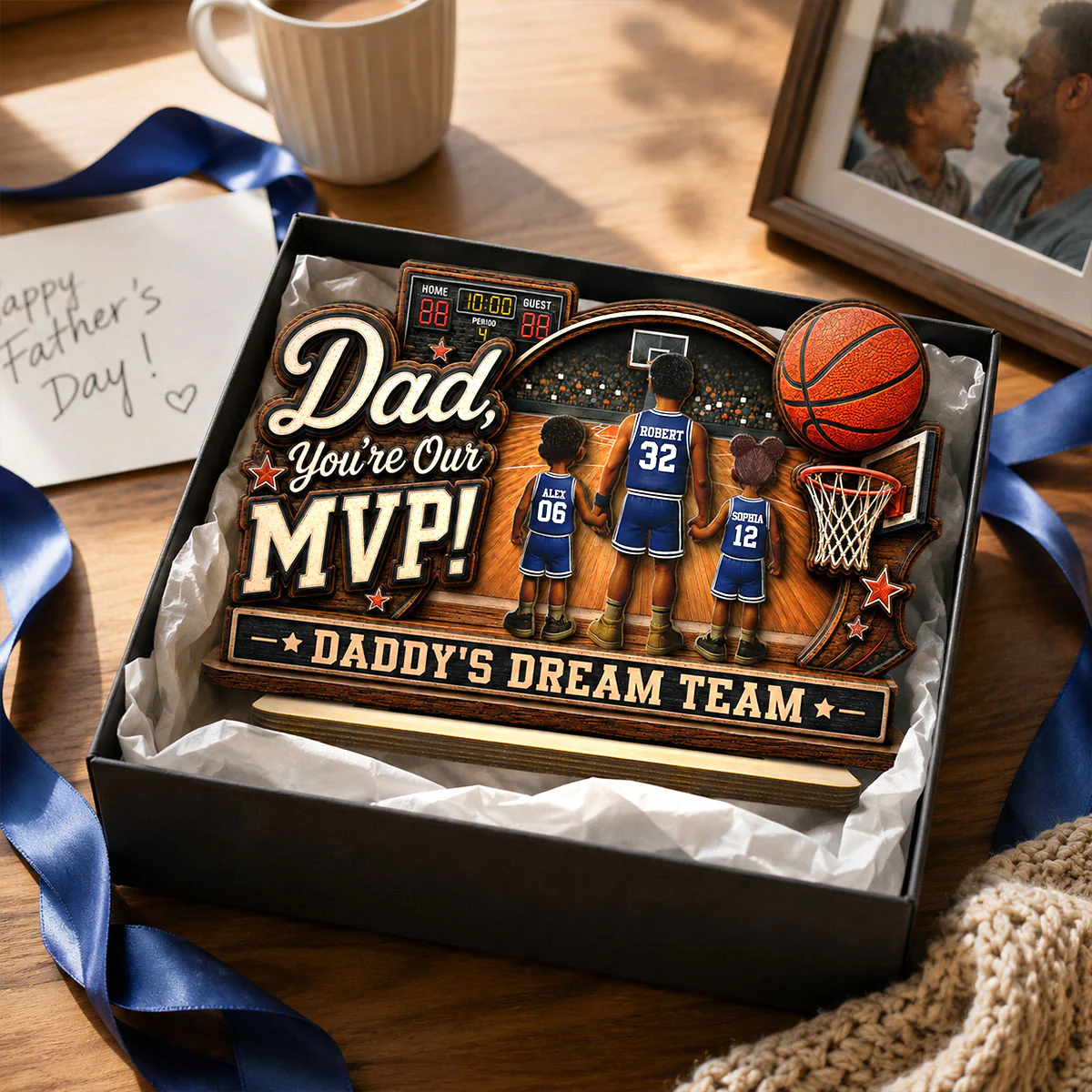 Dad You Are Our MVP Standing Basketball Man & Kids 2D Flat - Personalized 2-Layered Wooden Plaque -  Gift For Basketball Dad - Image 2