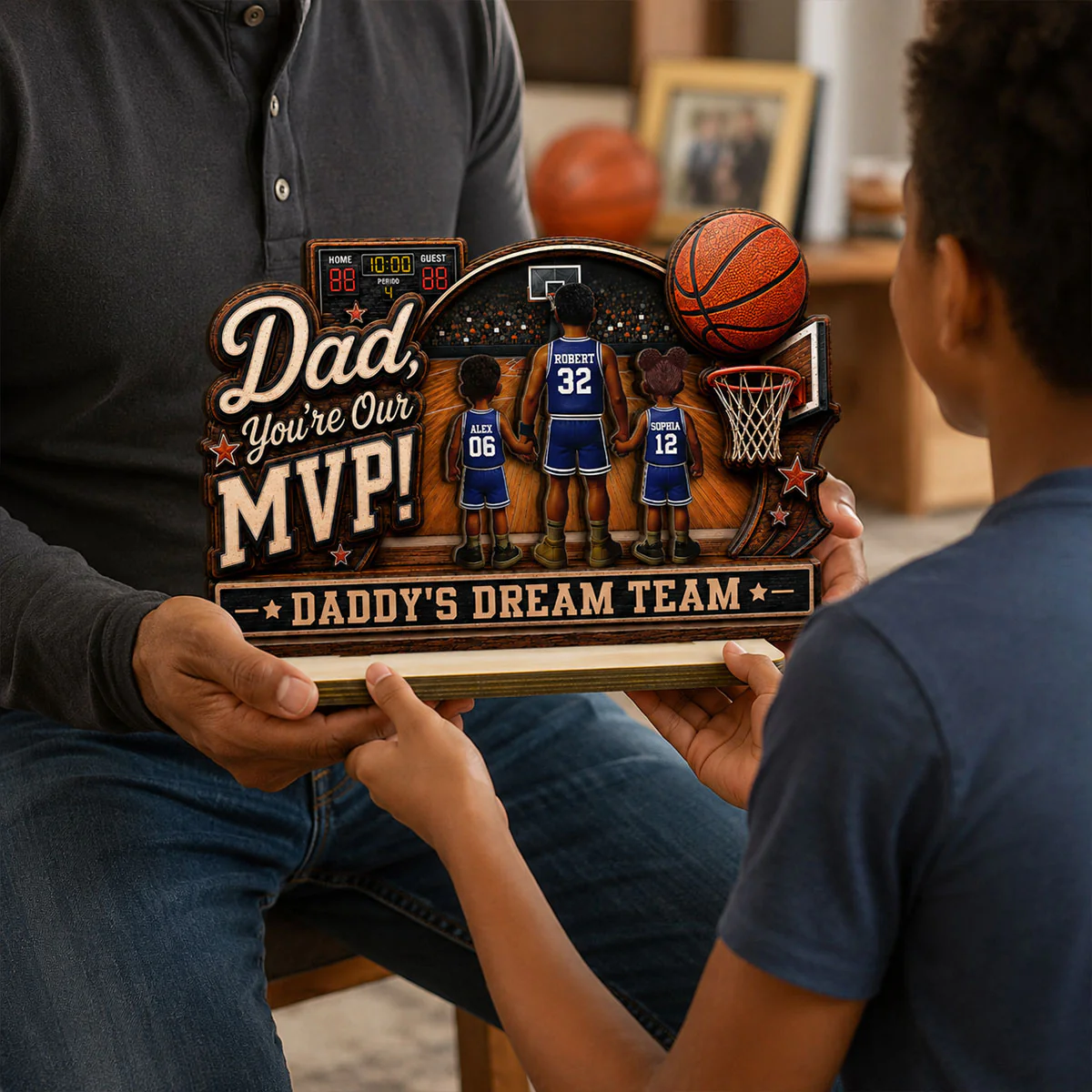 Dad You Are Our MVP Standing Basketball Man & Kids 2D Flat - Personalized 2-Layered Wooden Plaque -  Gift For Basketball Dad - Image 3