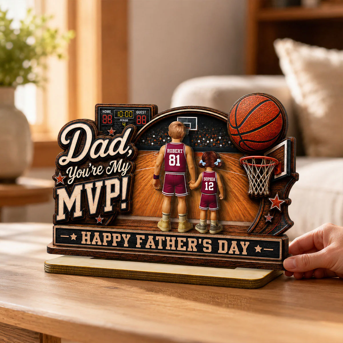 Dad You Are Our MVP Standing Basketball Man & Kids 2D Flat - Personalized 2-Layered Wooden Plaque -  Gift For Basketball Dad - Image 4