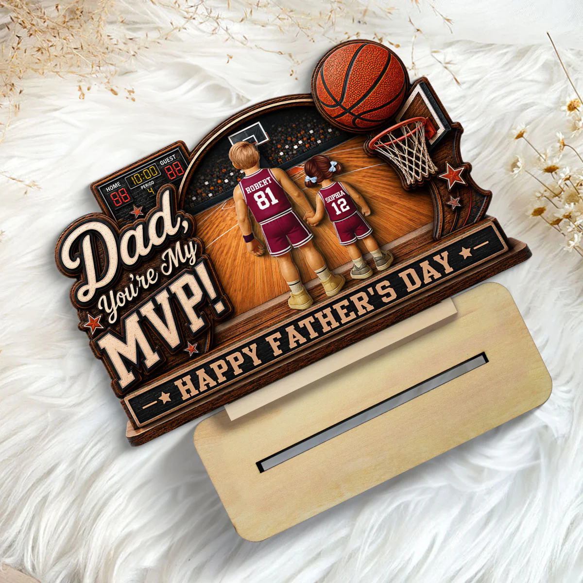 Dad You Are Our MVP Standing Basketball Man & Kids 2D Flat - Personalized 2-Layered Wooden Plaque -  Gift For Basketball Dad - Image 5